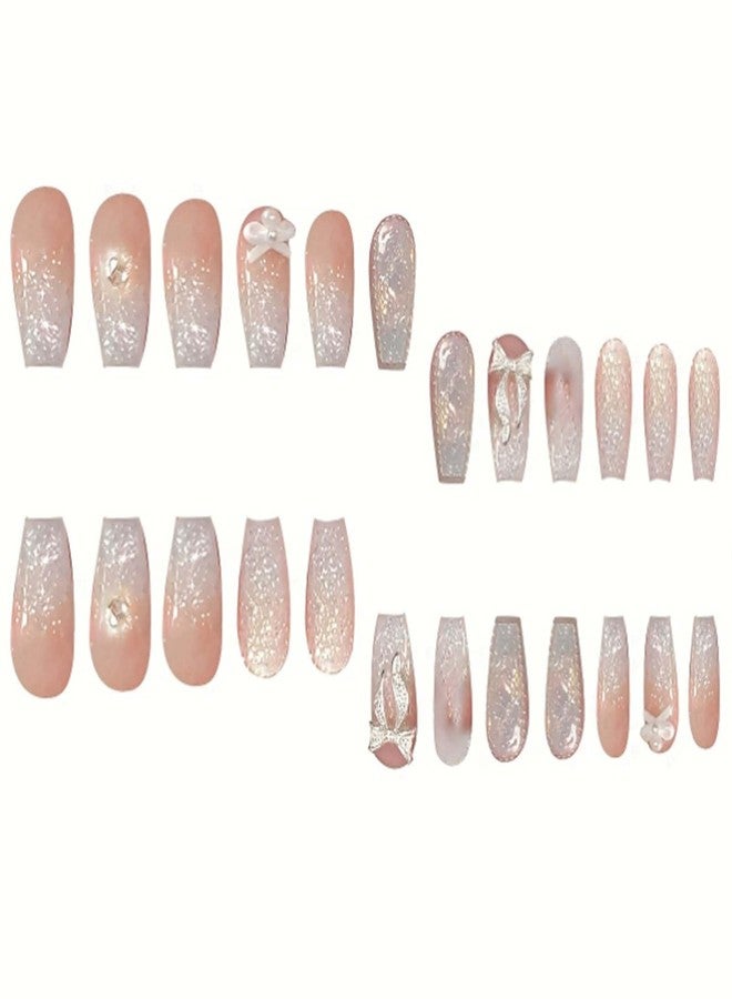 YoYoee Long Coffin Press on Nails Gradient Fake Nails Acrylic Glitter Pearls False Nails Bow Tie Full Cover Nails Tips for Women and Girls 24Pcs - Image 3